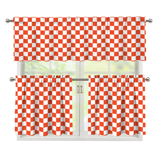 Lava Orange And White Checkered Print 3 Piece Kitchen Curtains