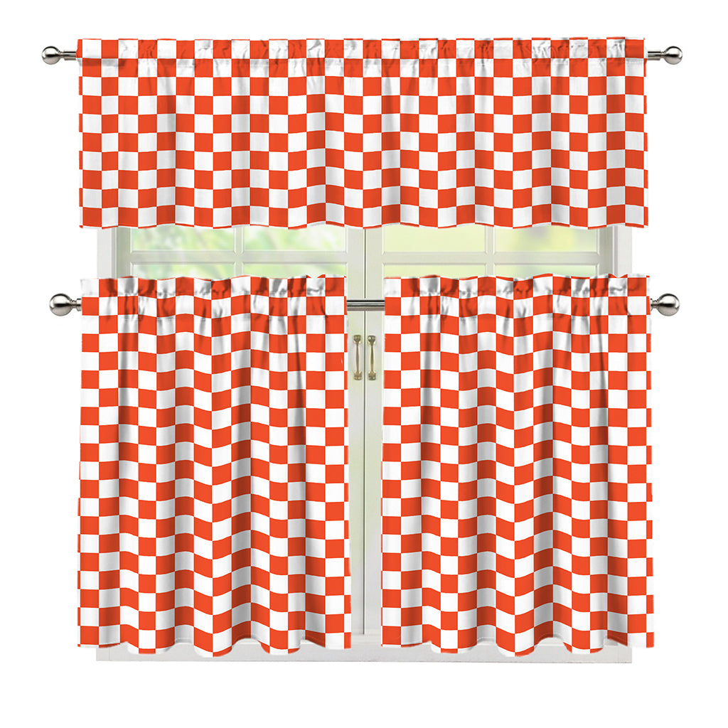 Lava Orange And White Checkered Print 3 Piece Kitchen Curtains