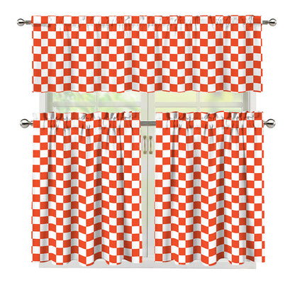 Lava Orange And White Checkered Print 3 Piece Kitchen Curtains