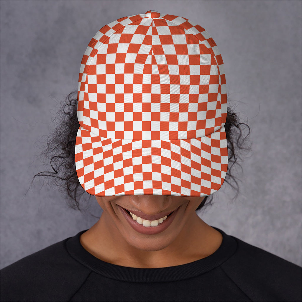 Lava Orange And White Checkered Print Baseball Cap