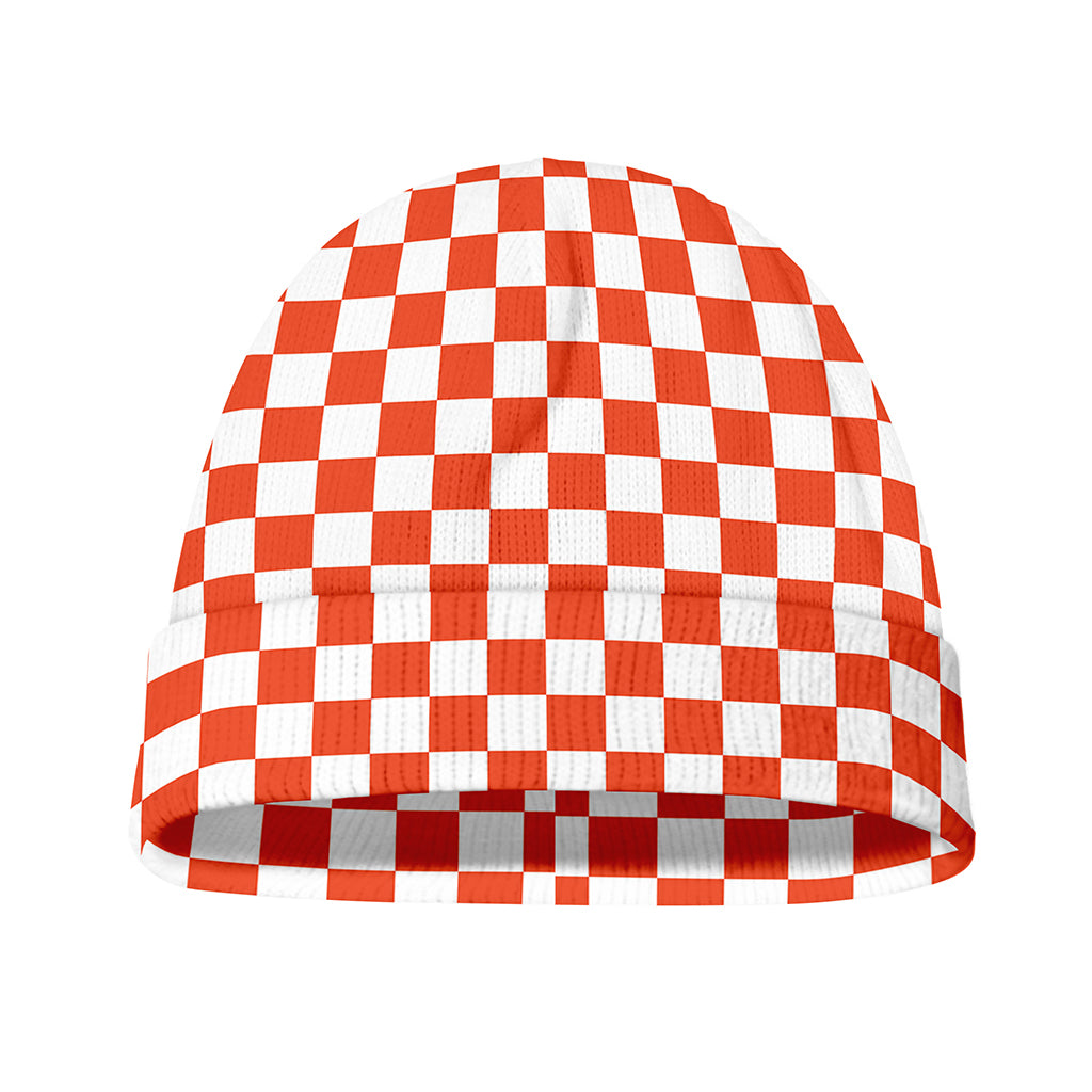 Lava Orange And White Checkered Print Beanie