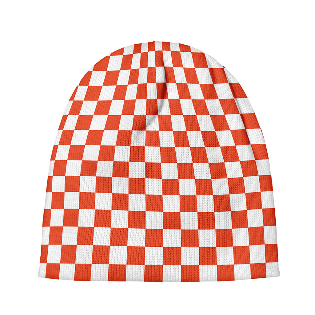 Lava Orange And White Checkered Print Beanie