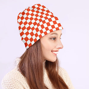 Lava Orange And White Checkered Print Beanie