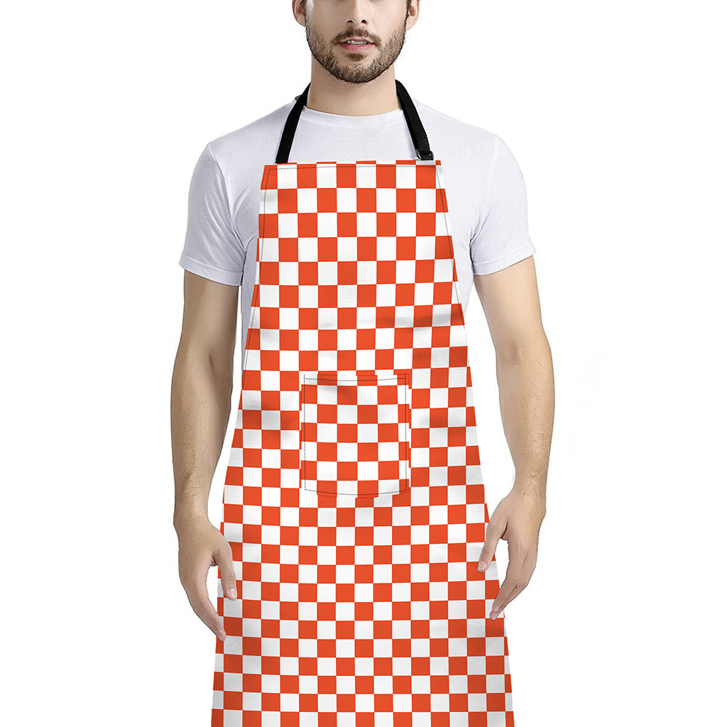 Lava Orange And White Checkered Print Bib Apron With Pocket