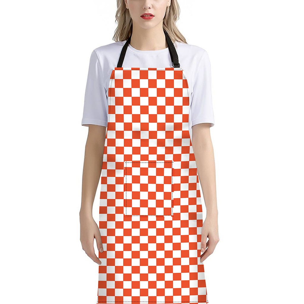 Lava Orange And White Checkered Print Bib Apron With Pocket