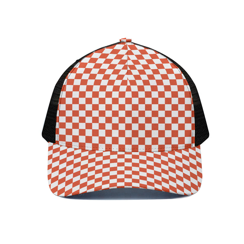 Lava Orange And White Checkered Print Black Mesh Trucker Cap