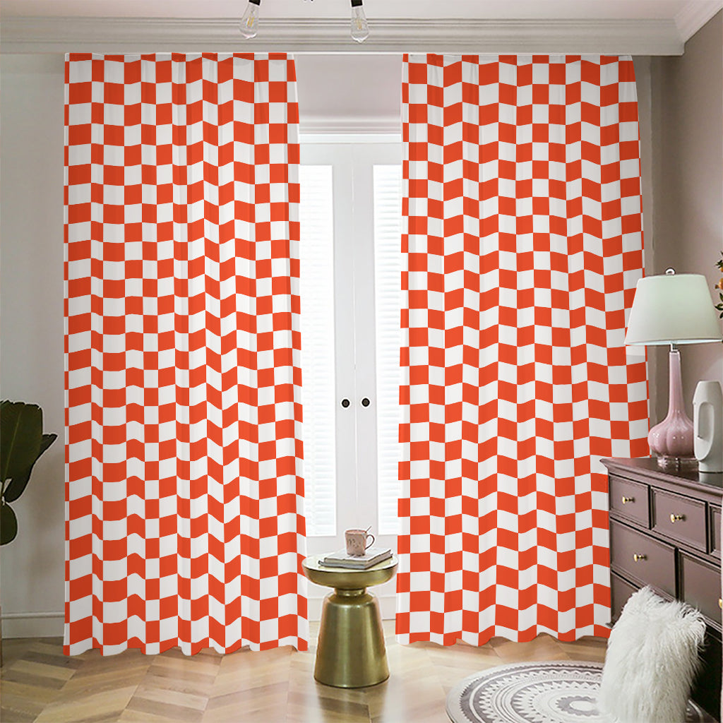 Lava Orange And White Checkered Print Blackout Pencil Pleat Curtains