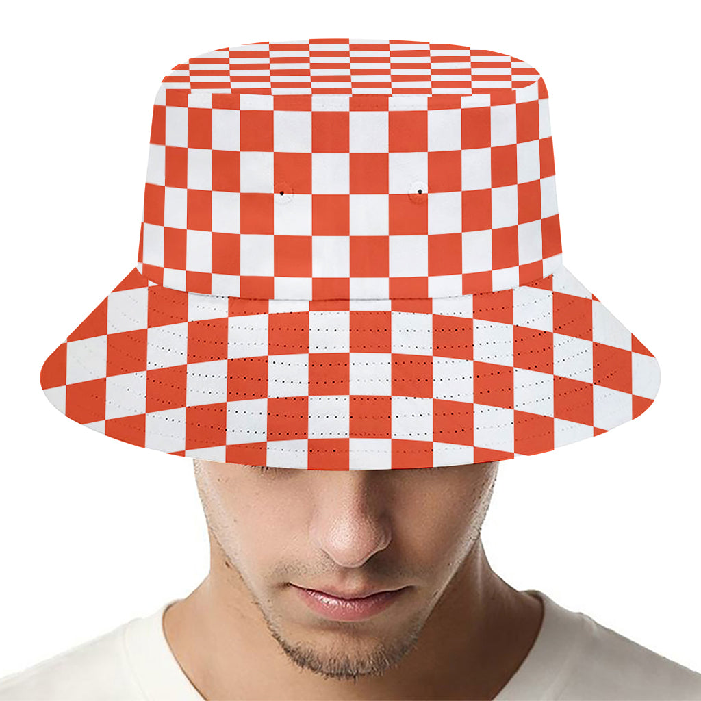 Lava Orange And White Checkered Print Bucket Hat