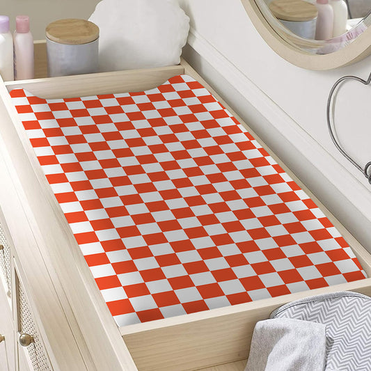 Lava Orange And White Checkered Print Changing Pad Cover