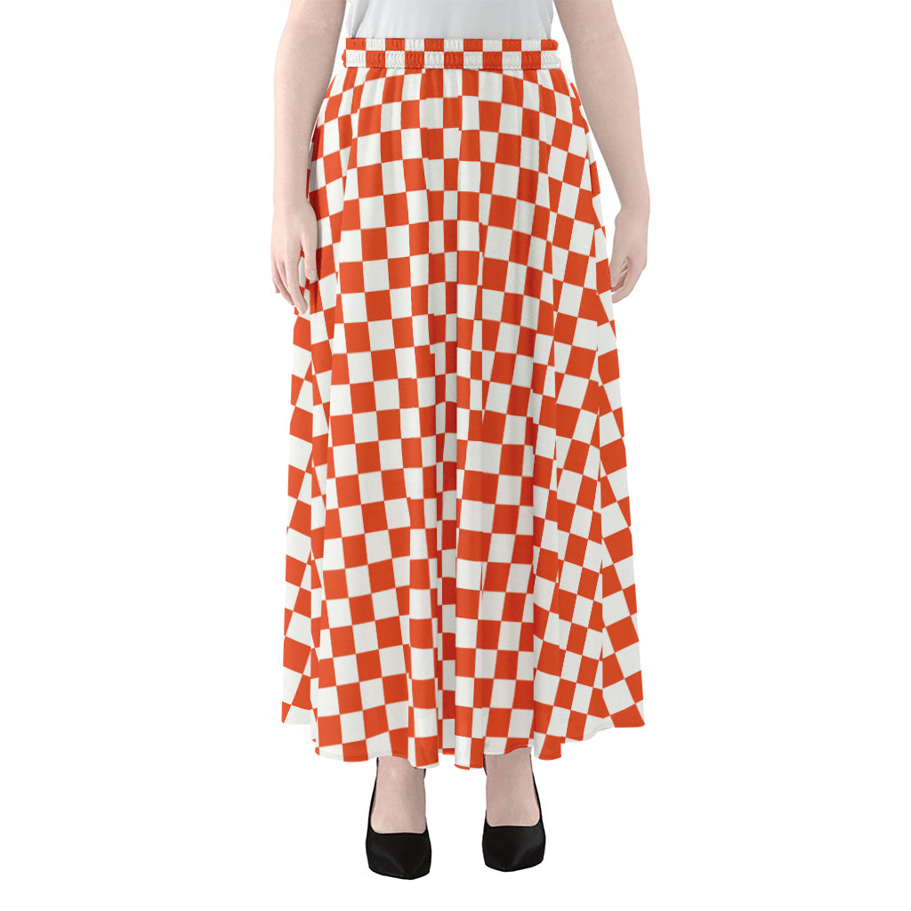 Lava Orange And White Checkered Print Chiffon Maxi Skirt