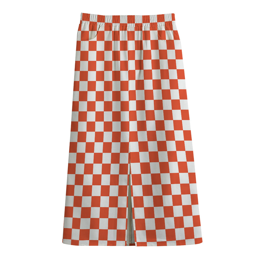 Lava Orange And White Checkered Print Cotton Front Slit Maxi Skirt