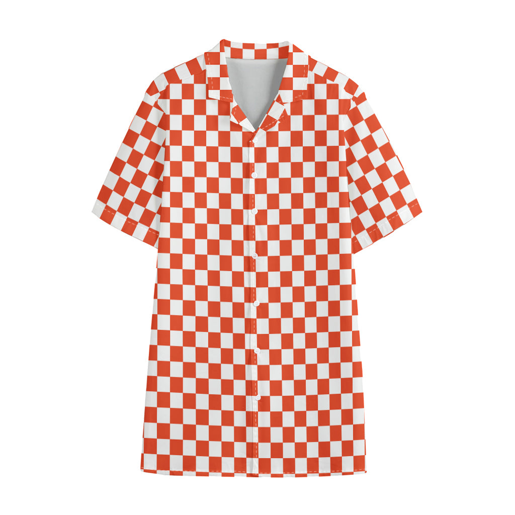 Lava Orange And White Checkered Print Cotton Hawaiian Shirt