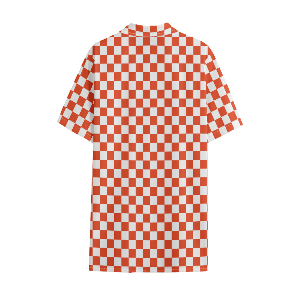 Lava Orange And White Checkered Print Cotton Hawaiian Shirt