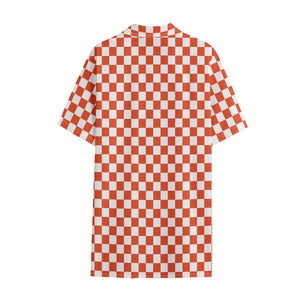 Lava Orange And White Checkered Print Cotton Hawaiian Shirt