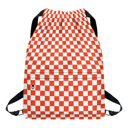 Lava Orange And White Checkered Print Drawstring Backpack
