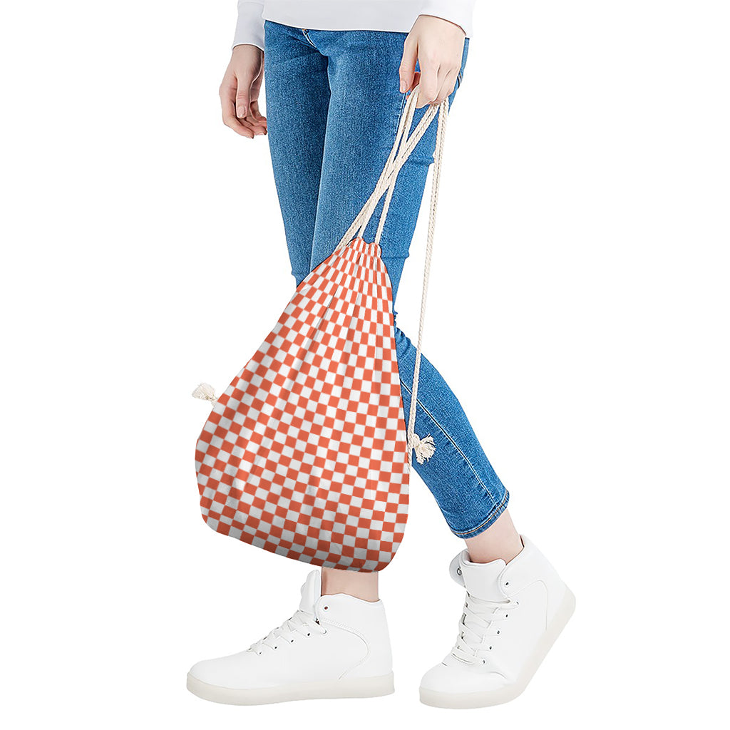 Lava Orange And White Checkered Print Drawstring Bag