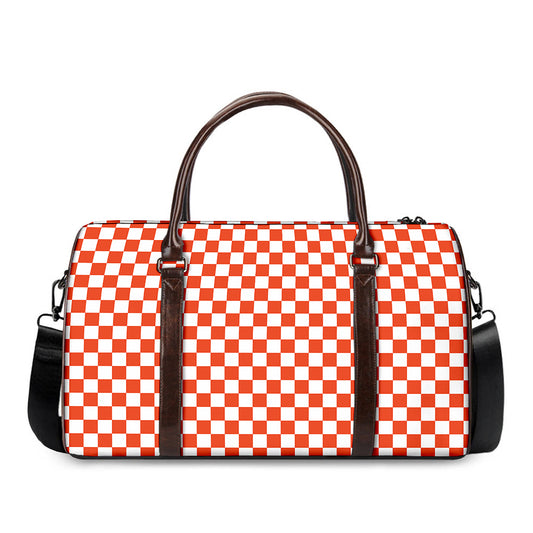 Lava Orange And White Checkered Print Duffle Bag