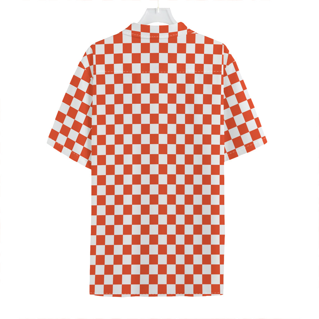 Lava Orange And White Checkered Print Hawaiian Shirt