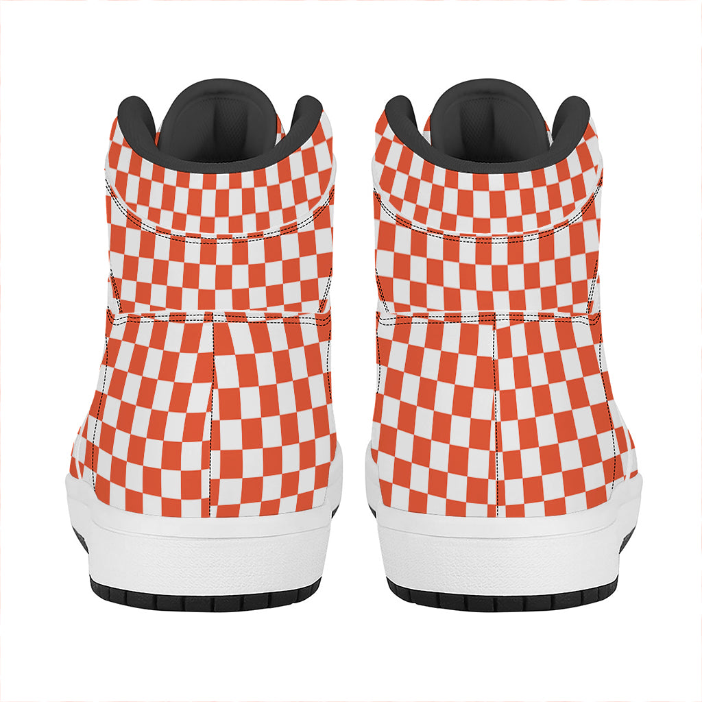 Lava Orange And White Checkered Print High Top Leather Sneakers