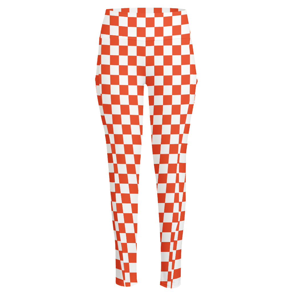 Lava Orange And White Checkered Print High-Waisted Pocket Leggings