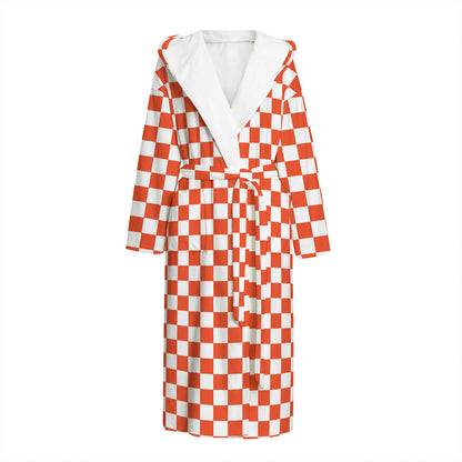 Lava Orange And White Checkered Print Hooded Bathrobe
