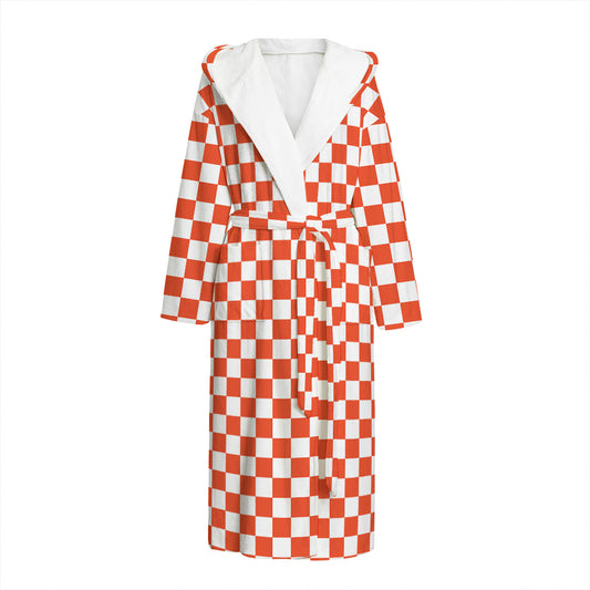 Lava Orange And White Checkered Print Hooded Bathrobe