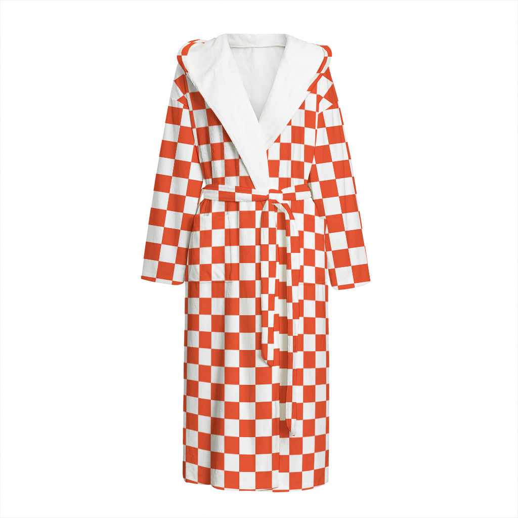 Lava Orange And White Checkered Print Hooded Bathrobe