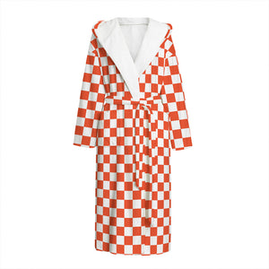 Lava Orange And White Checkered Print Hooded Bathrobe