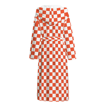 Lava Orange And White Checkered Print Hooded Bathrobe