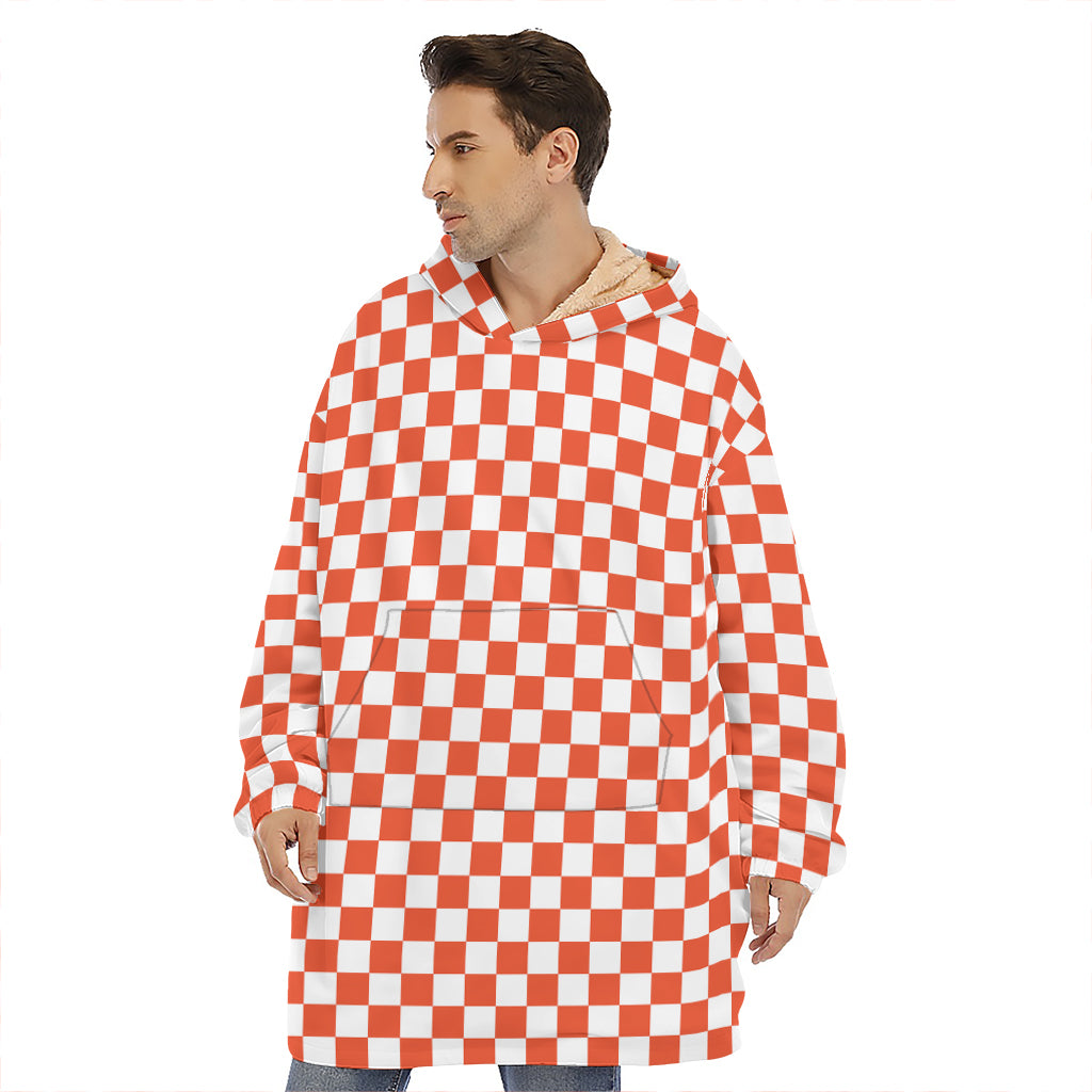 Lava Orange And White Checkered Print Hoodie Blanket