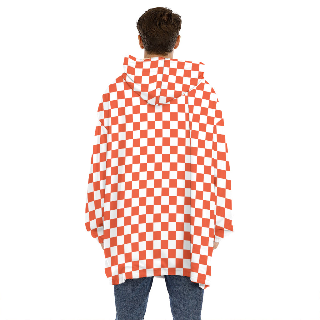 Lava Orange And White Checkered Print Hoodie Blanket