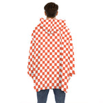 Lava Orange And White Checkered Print Hoodie Blanket