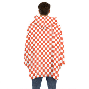 Lava Orange And White Checkered Print Hoodie Blanket