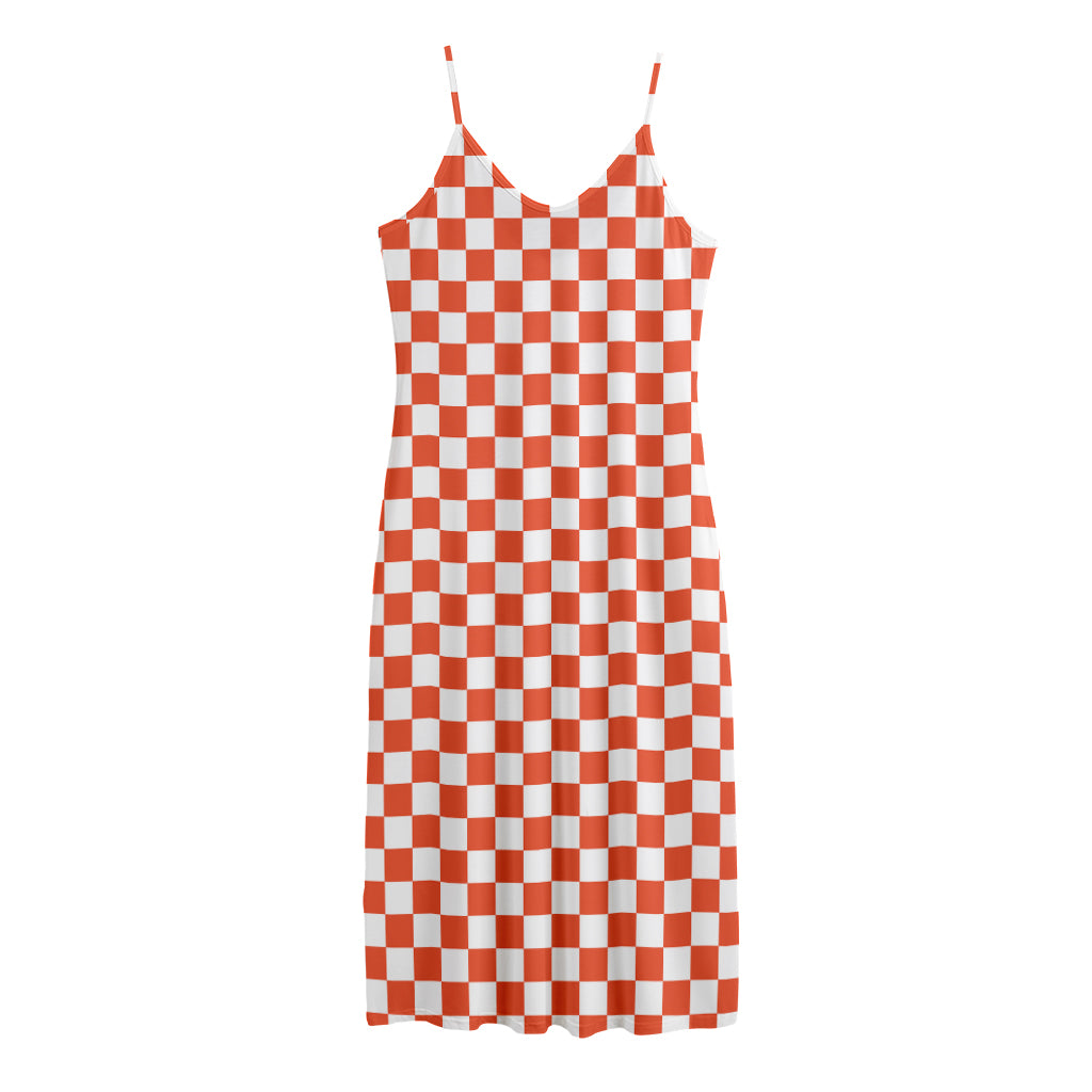 Lava Orange And White Checkered Print Jersey Midi Cami Dress