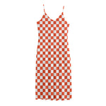 Lava Orange And White Checkered Print Jersey Midi Cami Dress