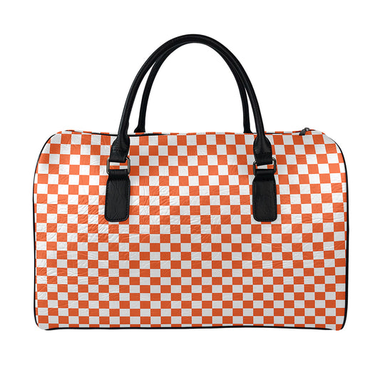 Lava Orange And White Checkered Print Leather Duffle Bag