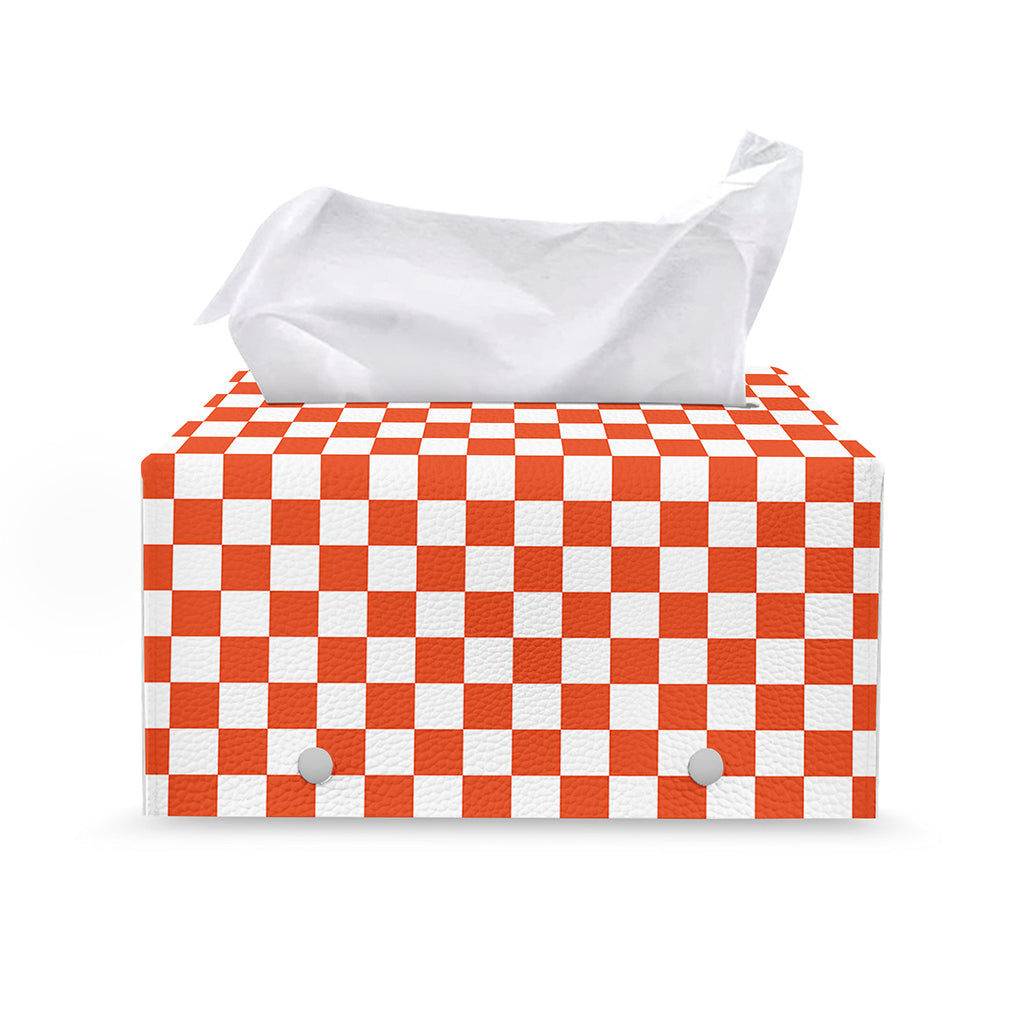 Lava Orange And White Checkered Print Leather Tissue Box Cover