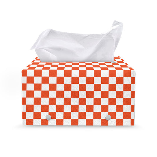 Lava Orange And White Checkered Print Leather Tissue Box Cover