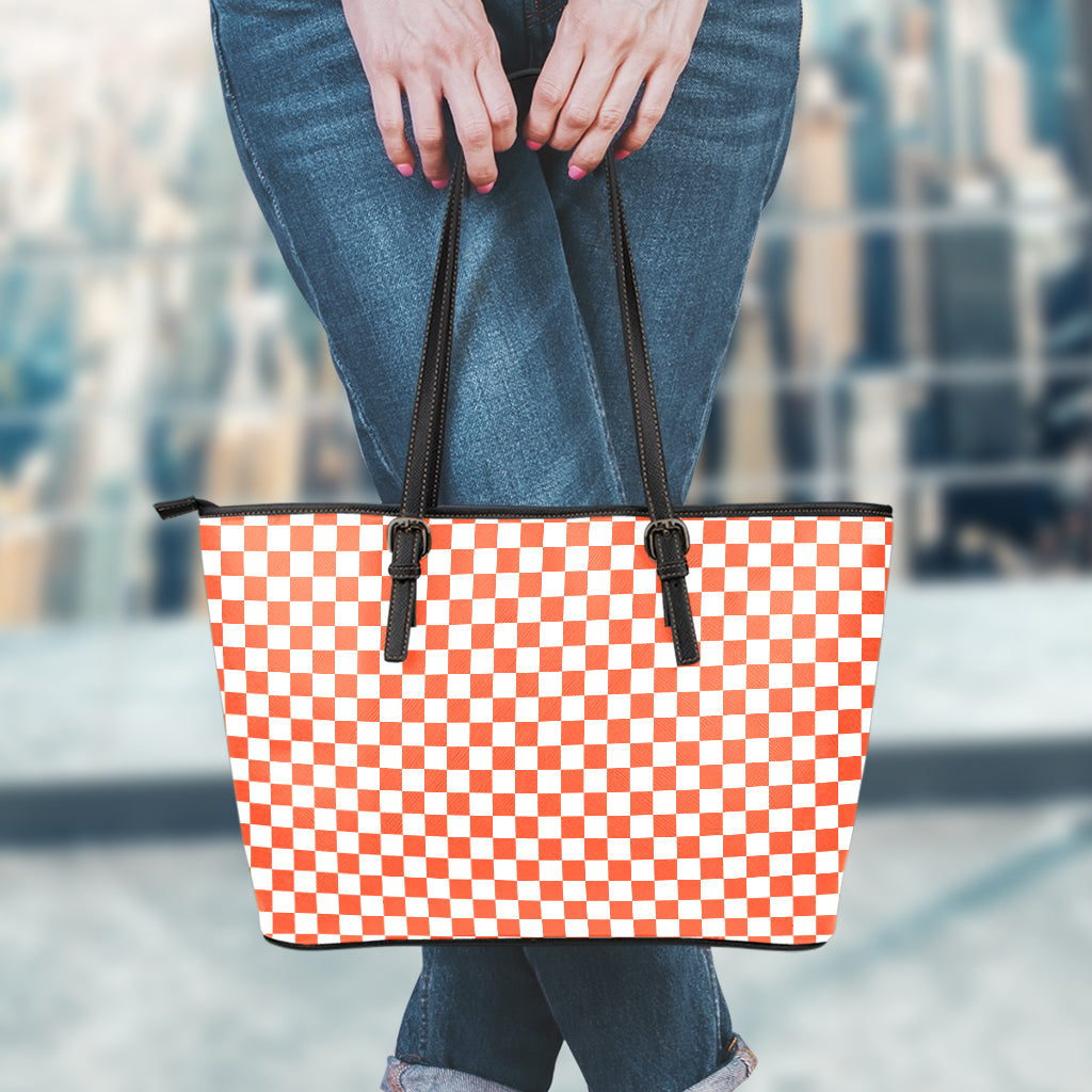 Lava Orange And White Checkered Print Leather Tote Bag