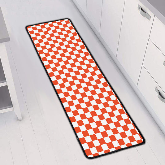 Lava Orange And White Checkered Print Long Kitchen Mat