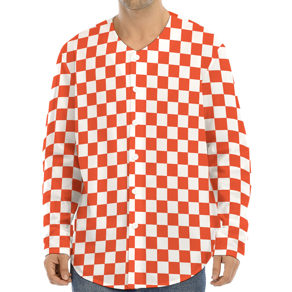 Lava Orange And White Checkered Print Long Sleeve Baseball Jersey