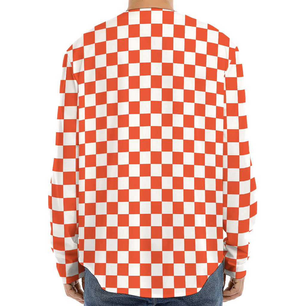 Lava Orange And White Checkered Print Long Sleeve Baseball Jersey