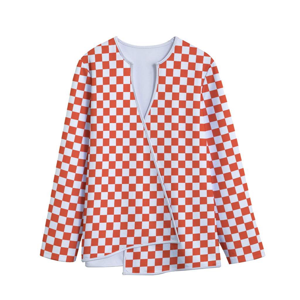 Lava Orange And White Checkered Print Long Sleeve Short Coat