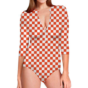 Lava Orange And White Checkered Print Long Sleeve Swimsuit