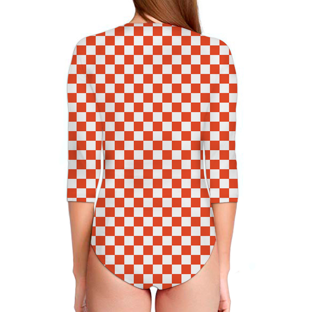 Lava Orange And White Checkered Print Long Sleeve Swimsuit