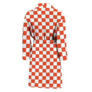 Lava Orange And White Checkered Print Men's Bathrobe