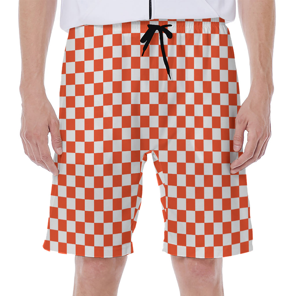 Lava Orange And White Checkered Print Men's Beach Shorts