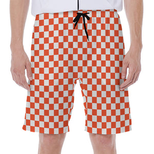 Lava Orange And White Checkered Print Men's Beach Shorts