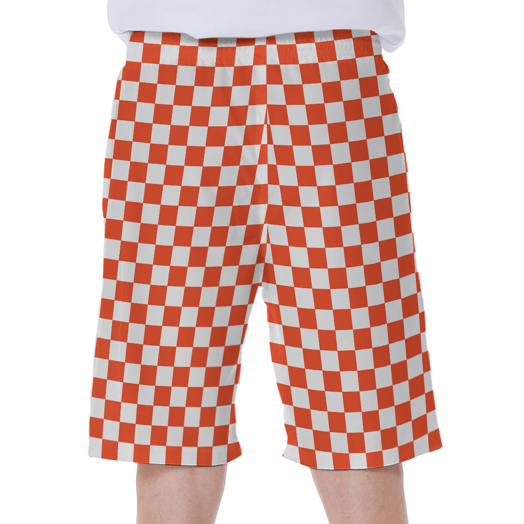 Lava Orange And White Checkered Print Men's Beach Shorts