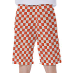 Lava Orange And White Checkered Print Men's Beach Shorts